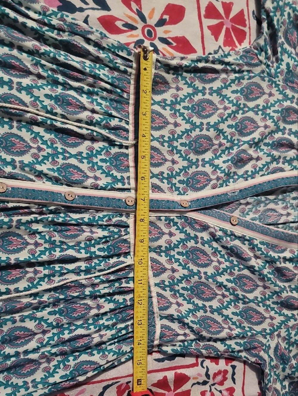 Free People Boho Chic Button-Front Midi Dress in Teal Pink and White